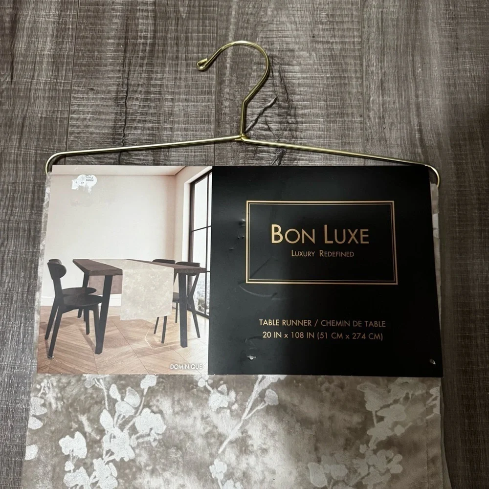 Bon Luxe Dominique Table Runner 20 in. X 108 in. Gray Floral Velvet NWT